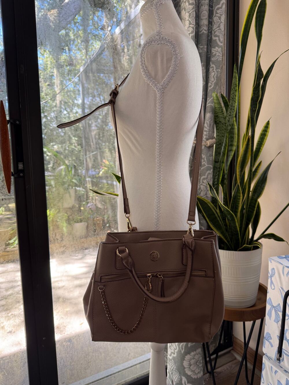 Anne Klein Taupe Satchel Crossbody Purse Gold Chain Work Bag